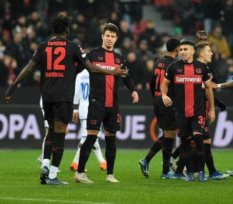 14 12 2023, Leverkusen, Germany, BayARENA, Bayer Leverkusen vs Molde FK UEFA Europa League 2023 2024 Group H, Adam Hlozek Bayer 04 Leverkusen goal celebration, celebrates with his team after scoring the 5 0 goal Photo Ralf Treese Leverkusen BayARENA North Rhine Westphalia Germany 521_LEVMOL20231214_034 Treese-521
