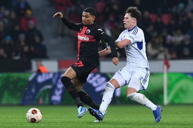 Soccer Europa League group stage matchday 6 Bayer 04 Leverkusen Molde FK on 14 12 2023 at the BayArena in Leverkusen Amine Adli Leverkusen , left Mathias Fjörtoft Lövik Molde , right xRx