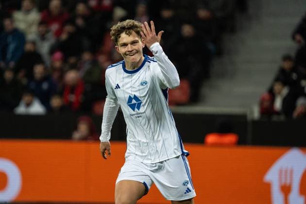 GER, UEFA Europa League matchday 6, Bayer 04 Leverkusen vs Molde Fotballklubb 14 12 2023, BayArena, Leverkusen, GER, UEFA Europa League matchday 6, Bayer 04 Leverkusen vs Molde Fotballklubb In the picture Goal celebration cheering the goal to 5 1 by Gustav Nyheim Molde Fotballklubb, 50 nordphotoxGmbHxx xChristianxSchulze nph000300