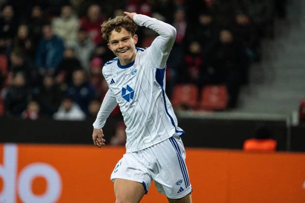 GER, UEFA Europa League matchday 6, Bayer 04 Leverkusen vs Molde Fotballklubb 14 12 2023, BayArena, Leverkusen, GER, UEFA Europa League matchday 6, Bayer 04 Leverkusen vs Molde Fotballklubb In the picture Goal celebration cheering the goal to 5 1 by Gustav Nyheim Molde Fotballklubb, 50 nordphotoxGmbHxx xChristianxSchulze nph000300