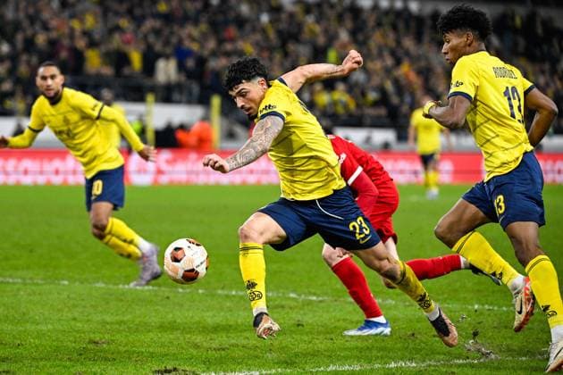 Union s Cameron Puertas Castro pictured in action during a game between Belgian soccer team Royale Union Saint Gilloise and English club Liverpool FC, on Thursday 14 December 2023 in Brussels, on the sixth and last day of the group phase of the UEFA Europa League competition, in group E. LAURIExDIEFFEMBACQ  x82344592x
