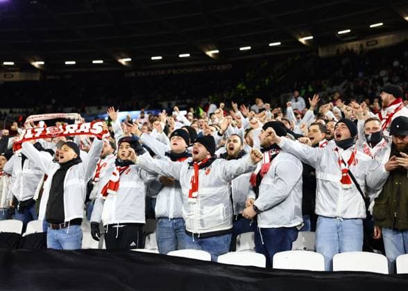 London, England, 14th December 2023. SC Freiburg fans in full voice during the UEFA Europa League match at the London Stadium, London. Picture credit should read: David Klein Sportimage EDITORIAL USE ONLY. No use with unauthorised audio, video, data, fixture lists, club league logos or live services. Online in-match use limited to 120 images, no video emulation. No use in betting, games or single club league player publications. SPI-2801-0003