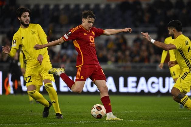Nicolo Pisilli of A.S. Roma score 3-0 during the UEFA Europa League Matchday 6, Group G, between A.S. Roma - F.C. Sheriff Tiraspol on 14 December 2023 at the Olympic Stadium in Rome, Italy.  Copyright: xDomenicoxCippitelli IPAxSportx x xx IPA_42223206 IPA_Agency_IPA42223206