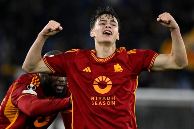Niccolo Pisilli of AS Roma celebrates with Romelu Lukaku after scoring the goal of 3-0 during the Europa League Group G football match between AS Roma and FC Sheriff Tiraspol at Olimpico stadium in Rome (Italy), December 14th, 2023. andreaxstaccioli