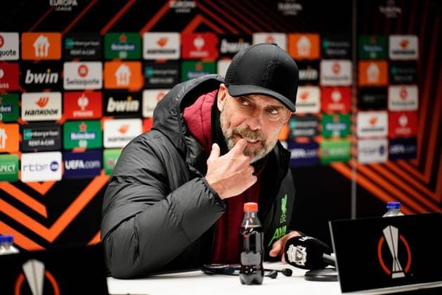 Liverpool coach Jurgen Klopp during the post match press conference, PK, Pressekonferenz Union Saint-Gilloise v Liverpool, UEFA Europa League, Group E, Football, Lotto Park, Brussels, Belgium - 14 Dec 2023 EDITORIAL USE ONLY No use with unauthorised audio, video, data, fixture lists, club league logos or live services. Online in-match use limited to 120 images, no video emulation. No use in betting, games or single club league player publications. Copyright: xDavexWinter Shutterstockx 14254246cr