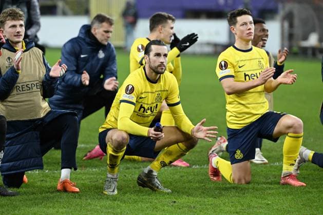 231214 Royale Union Saint-Gilloise vs Liverpool FC Christian Burgess of Union celebrates after a football game between Royale Union Saint-Gilloise and FC Liverpool on day 6 in Group E of the UEFA Europa League season 2023-2024 competition on December 14, 2023 in Brussels, Belgium. (Photo by Maarten Straetemans Isosport) BRUSSELS BELGIUM  Copyright: xx 424687