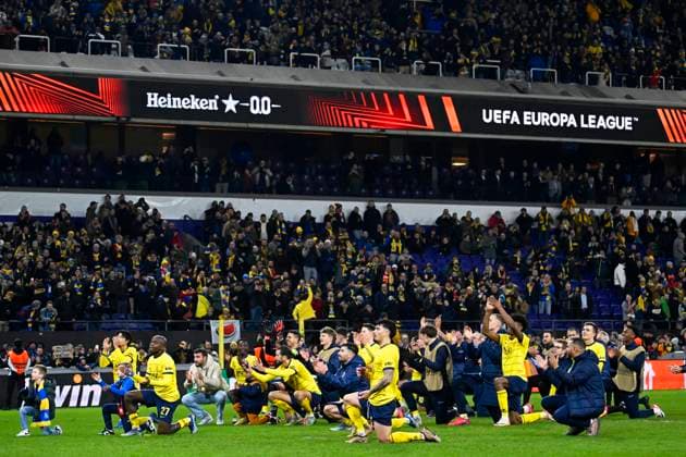 Union SG v Liverpool FC - UEFA Europa League BRUSSELS, BELGIUM - DECEMBER 14 : players of Union celebrate during the UEFA Europa League Group E match between Union SG and Liverpool at the Anderlecht stadium on December 14, 2023 in Brussels, Belgium, 14 12 2023 Brussels Belgium  Copyright: xPeterxDexVoechtx