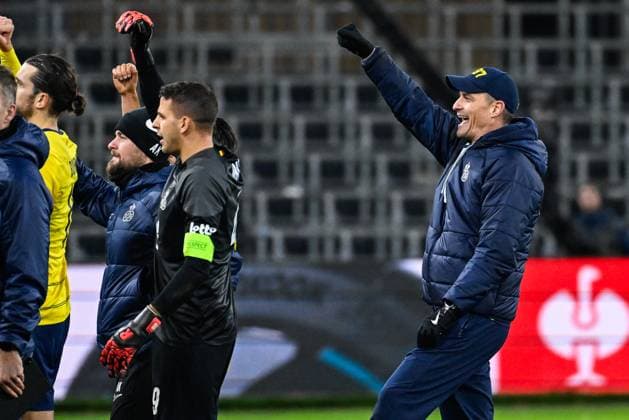 Union s head coach Alexander Blessin celebrates after winning a game between Belgian soccer team Royale Union Saint Gilloise and English club Liverpool FC, on Thursday 14 December 2023 in Brussels, on the sixth and last day of the group phase of the UEFA Europa League competition, in group E. LAURIExDIEFFEMBACQ  x82345619x