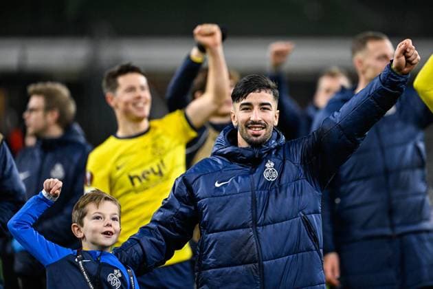 Union s Mohamed Amoura celebrates after winning a game between Belgian soccer team Royale Union Saint Gilloise and English club Liverpool FC, on Thursday 14 December 2023 in Brussels, on the sixth and last day of the group phase of the UEFA Europa League competition, in group E. LAURIExDIEFFEMBACQ  x82345623x