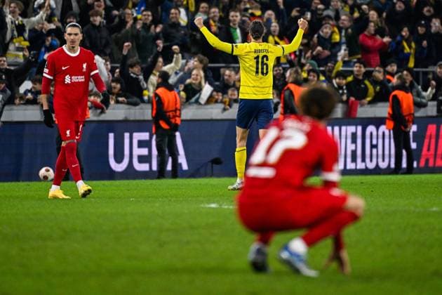 Union s Christian Burgess celebrates after winning a game between Belgian soccer team Royale Union Saint Gilloise and English club Liverpool FC, on Thursday 14 December 2023 in Brussels, on the sixth and last day of the group phase of the UEFA Europa League competition, in group E. LAURIExDIEFFEMBACQ  x82345628x