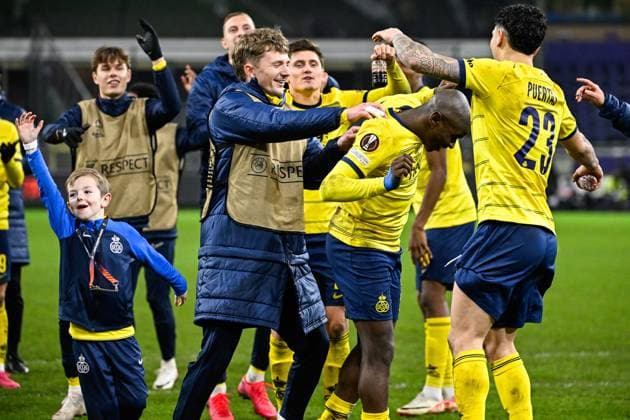 Union s goalkeeper Joachim Imbrechts and Union s Noah Sadiki celebrate after winning a game between Belgian soccer team Royale Union Saint Gilloise and English club Liverpool FC, on Thursday 14 December 2023 in Brussels, on the sixth and last day of the group phase of the UEFA Europa League competition, in group E. LAURIExDIEFFEMBACQ  x82345629x