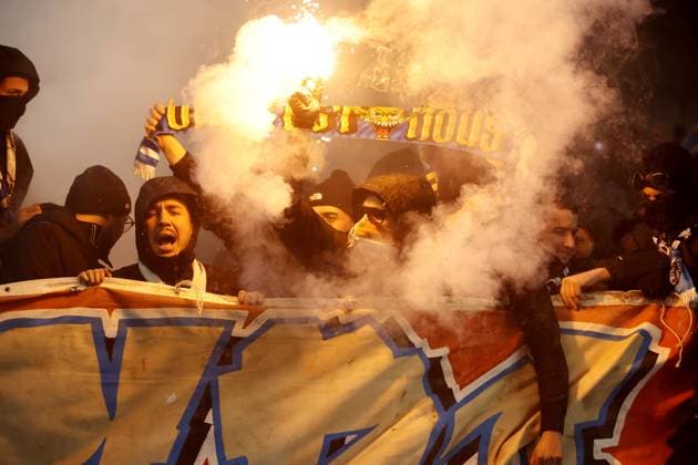 Marseille fans seen before kick off. Brighton & Hove Albion v Marseille, UEFA Europa League, Group A, Football, American Express Community Express Stadium, Brighton, UK - 14 Dec 2023 EDITORIAL USE ONLY No use with unauthorised audio, video, data, fixture lists, club league logos or live services. Online in-match use limited to 120 images, no video emulation. No use in betting, games or single club league player publications.  Copyright: xJamesxMarsh Shutterstockx 14254279n