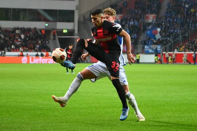 LEVERKUSEN, GERMANY - 14.12.23: Gustavo Puerta, The match of match UEFA Europa League Bayer 04 Leverkusen vs Molde at Bayarena  Copyright: xVITALIIxKLIUIEVx