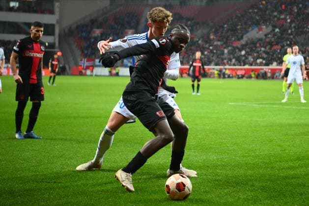 LEVERKUSEN, GERMANY - 14.12.23: Noah Mbamba, The match of match UEFA Europa League Bayer 04 Leverkusen vs Molde at Bayarena  Copyright: xVITALIIxKLIUIEVx