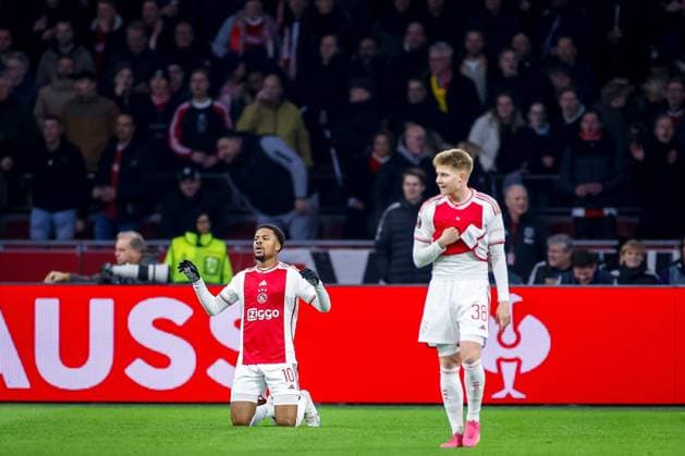 AMSTERDAM, 14-12-2023 , JohanCruyff Arena, Europa League Football season 2023 2024. Ajax player Chuba Akpom scores the 1-0 and celebrates during the match Ajax - AEK Athens. Ajax - AEK Athens  x23520254x Copyright: