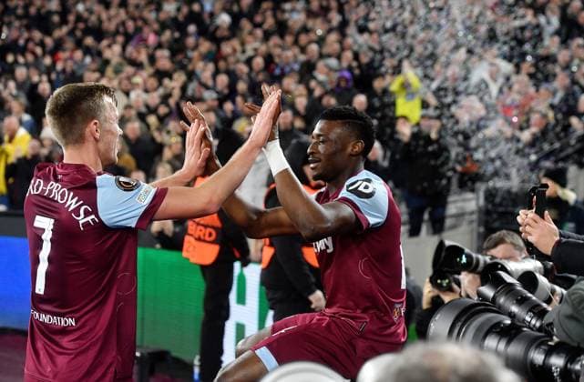 Mohammed Kudus of West Ham United celebrates scoring their sides first goal of the game with James Ward-Prowse of West Ham United West Ham United v Freiburg, UEFA Europa League, Group A, Football, London Arena, London, UK - 14 Dec 2023 EDITORIAL USE ONLY No use with unauthorised audio, video, data, fixture lists, club league logos or live services. Online in-match use limited to 120 images, no video emulation. No use in betting, games or single club league player publications. Copyright: xAlanxWalter Shutterstockx 14254269x