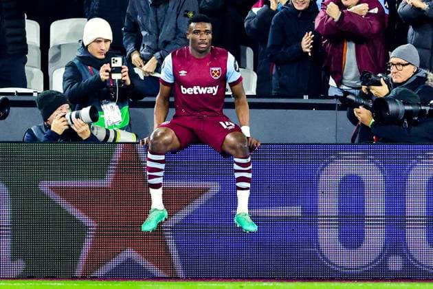 West Ham United v Freiburg Europa League 14 12 2023. Goal 1-0 Mohammed Kudus (14) of West Ham United scores a goal and celebrates during the Europa League match between West Ham United and Freiburg at the London Stadium, London, England on 14 December 2023. Editorial use only , Copyright: xNigelxKeenex PSI-18584-0014