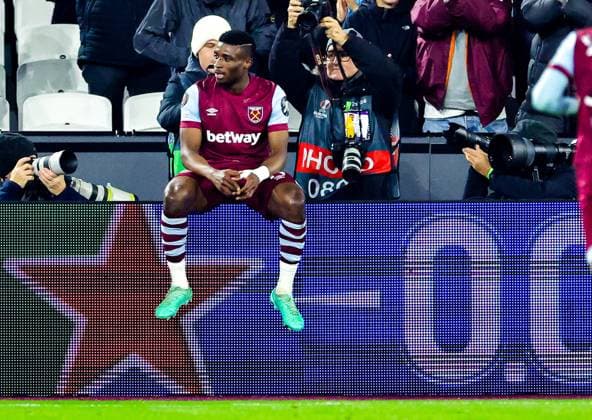 West Ham United v Freiburg Europa League 14 12 2023. Goal 1-0 Mohammed Kudus (14) of West Ham United scores a goal and celebrates during the Europa League match between West Ham United and Freiburg at the London Stadium, London, England on 14 December 2023. Editorial use only , Copyright: xNigelxKeenex PSI-18584-0015