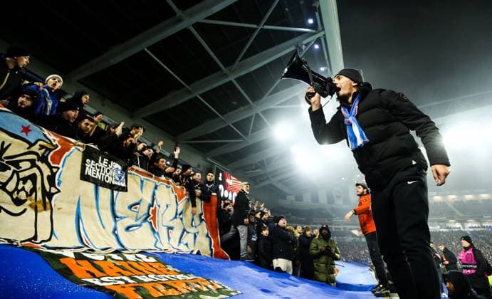 Brighton and Hove Albion v Olympique de Marseille, Brighton, UK - 14 Dec 2023 Olympique de Marseille supporters during the Europa League match between Brighton and Hove Albion and Olympique de Marseille at The Amex Stadium, Brighton on 14 December 2023 ( Brighton The Amex Stadium Brighton England Copyright: xMicahxCrook PPAUKx PPA-075348