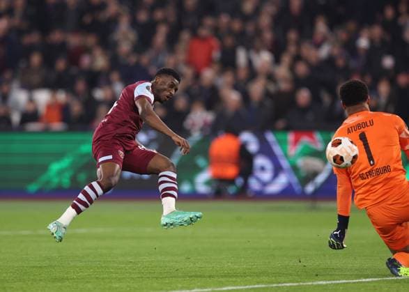 London, England, 14th December 2023. Mohammed Kudus of West Ham United scores the first goal during the UEFA Europa League match at the London Stadium, London. Picture credit should read: David Klein Sportimage EDITORIAL USE ONLY. No use with unauthorised audio, video, data, fixture lists, club league logos or live services. Online in-match use limited to 120 images, no video emulation. No use in betting, games or single club league player publications. SPI-2801-0014