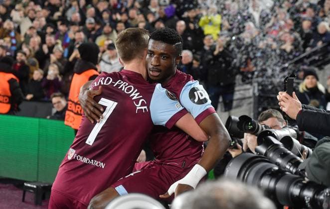 Mohammed Kudus of West Ham United celebrates scoring their sides first goal of the game with James Ward-Prowse of West Ham United West Ham United v Freiburg, UEFA Europa League, Group A, Football, London Arena, London, UK - 14 Dec 2023 EDITORIAL USE ONLY No use with unauthorised audio, video, data, fixture lists, club league logos or live services. Online in-match use limited to 120 images, no video emulation. No use in betting, games or single club league player publications. Copyright: xAlanxWalter Shutterstockx 14254269ab