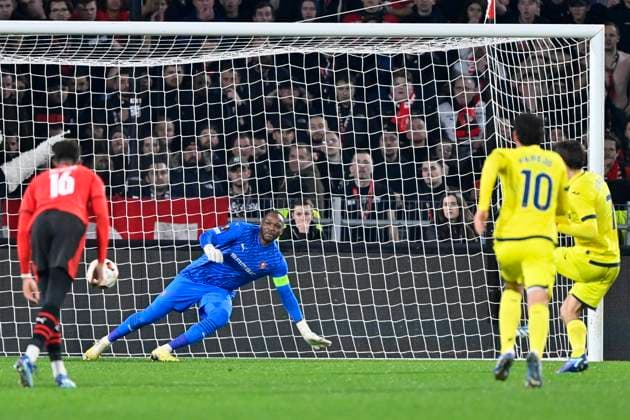 Rennes Villarreal PHOTOPQR OUEST FRANCE Philippe RENAULT ; Rennes ; 14 12 2023 ; UEFA. Europa League. Phase de groupe. Football. Rennes Villarreal But de Gerard Moreno Villarreal sur penalty Photo Philippe RENAULT Ouest-France Rennes France  Copyright: xPHOTOPQR OUESTxFRANCE MAXPPPxPhilippexRENAULTx 20231214OFR7194 20231214OFR7194