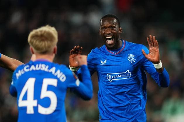 Abdallah Sima of Rangers FC celebrates his goal Real Betis v Rangers, UEFA Europa League, Group C, Football, Benito VIllamarin Stadium, Seville, Spain - 14 Dec 2023 EDITORIAL USE ONLY No use with unauthorised audio, video, data, fixture lists, club league logos or live services. Online in-match use limited to 120 images, no video emulation. No use in betting, games or single club league player publications. Copyright: xBaguxBlanco Shutterstockx 14254285ao