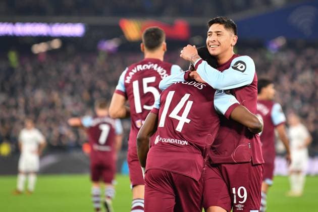 Mohammed Kudus of West Ham United celebrates scoring the opening goal during the UEFA Europa League match between West Ham United and SC Freiburg at the London Stadium, Queen Elizabeth Olympic Park , London, England on 14 December 2023. Copyright: xPhilxHutchinsonx 39240017