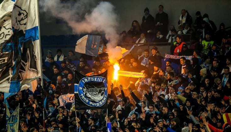 Brighton and Hove Albion v Olympique de Marseille, Brighton, UK - 14 Dec 2023 Olympique de Marseille supporters during the Europa League match between Brighton and Hove Albion and Olympique de Marseille at The Amex Stadium, Brighton on 14 December 2023 ( Brighton The Amex Stadium Brighton England Copyright: xMicahxCrook PPAUKx PPA-075353