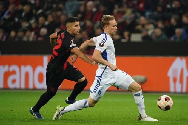 Football, UEFA Europa League 2023 2024, Group stage , Group H, Matchday 6, Bayer 04 Leverkusen Molde FK, 14 12 2023, Bayarena Leverkusen, Gustavo Pueta, Bayer 04 Leverkusen , Martin Ellingsen Molde FK