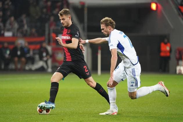 Football, UEFA Europa League 2023 2024, Group stage, Group H, Matchday 6, Bayer 04 Leverkusen Molde FK, 14 12 2023, Bayarena Leverkusen, Josip Stanisic, Bayer 04 Leverkusen, Magnus Grodem, Molde FK