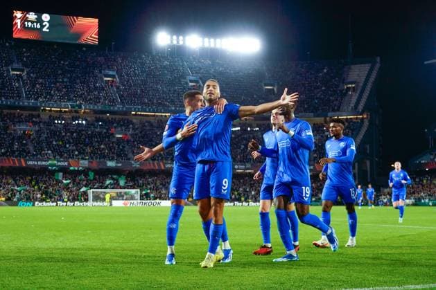 Cyriel Dessers of Rangers FC celebrates the 1-2 Real Betis v Rangers, UEFA Europa League, Group C, Football, Benito VIllamarin Stadium, Seville, Spain - 14 Dec 2023 EDITORIAL USE ONLY No use with unauthorised audio, video, data, fixture lists, club league logos or live services. Online in-match use limited to 120 images, no video emulation. No use in betting, games or single club league player publications. Copyright: xBaguxBlanco Shutterstockx 14254285bk