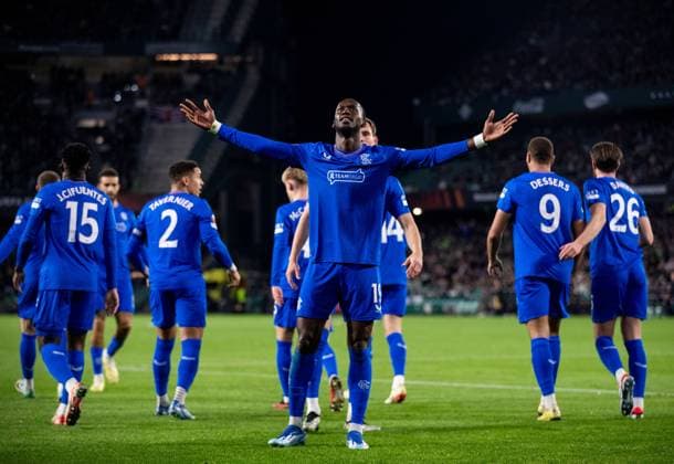 Rangers Forward Abdallah Sima celebrates scoring his sides first goal during the Europa League Group C match at the Estadio Benito Villamarin, Seville. Real Betis v Rangers, UEFA Europa League, Group C, Football, Benito VillamaroÆ?Ã?Ân Stadium, Seville, Spain - 14 Dec 2023 EDITORIAL USE ONLY No use with unauthorised audio, video, data, fixture lists, club league logos or live services. Online in-match use limited to 120 images, no video emulation. No use in betting, games or single club league player publications. Copyright: xKirkxO Rourke RangersxFC Shutterstockx 14257803ay