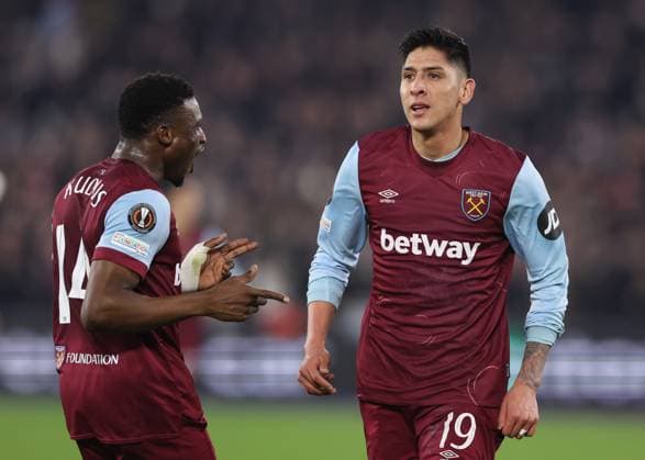 London, England, 14th December 2023. Edson Ãlvarez of West Ham United celebrate scoring their second goal during the UEFA Europa League match at the London Stadium, London. Picture credit should read: David Klein Sportimage EDITORIAL USE ONLY. No use with unauthorised audio, video, data, fixture lists, club league logos or live services. Online in-match use limited to 120 images, no video emulation. No use in betting, games or single club league player publications. SPI-2801-0030