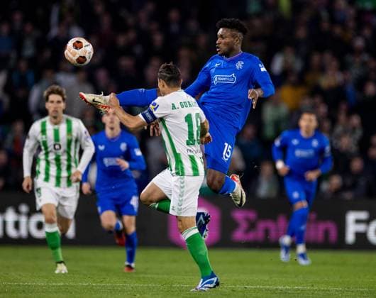 Rangers Midfielder Jose Cifuentes controls the ball during the Europa League Group C match at the Estadio Benito Villamarin, Seville. Real Betis v Rangers, UEFA Europa League, Group C, Football, Benito VillamaroÆ?Ã?Ân Stadium, Seville, Spain - 14 Dec 2023 EDITORIAL USE ONLY No use with unauthorised audio, video, data, fixture lists, club league logos or live services. Online in-match use limited to 120 images, no video emulation. No use in betting, games or single club league player publications. Copyright: xKirkxO Rourke RangersxFC Shutterstockx 14257803ak