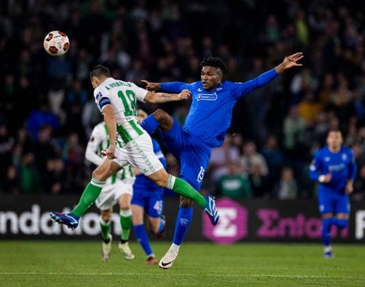 Rangers Midfielder Jose Cifuentes controls the ball during the Europa League Group C match at the Estadio Benito Villamarin, Seville. Real Betis v Rangers, UEFA Europa League, Group C, Football, Benito VillamaroÆ?Ã?Ân Stadium, Seville, Spain - 14 Dec 2023 EDITORIAL USE ONLY No use with unauthorised audio, video, data, fixture lists, club league logos or live services. Online in-match use limited to 120 images, no video emulation. No use in betting, games or single club league player publications. Copyright: xKirkxO Rourke RangersxFC Shutterstockx 14257803ao