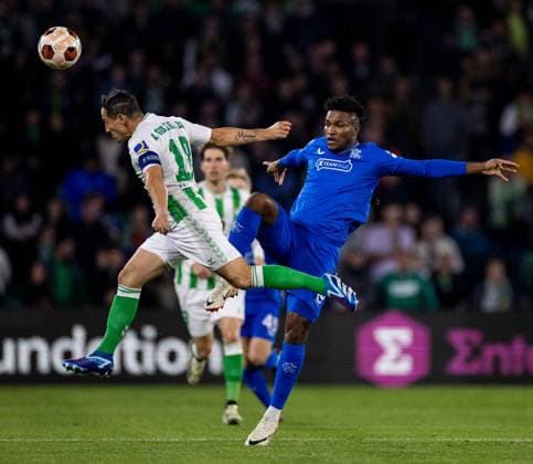 Rangers Midfielder Jose Cifuentes controls the ball during the Europa League Group C match at the Estadio Benito Villamarin, Seville. Real Betis v Rangers, UEFA Europa League, Group C, Football, Benito VillamaroÆ?Ã?Ân Stadium, Seville, Spain - 14 Dec 2023 EDITORIAL USE ONLY No use with unauthorised audio, video, data, fixture lists, club league logos or live services. Online in-match use limited to 120 images, no video emulation. No use in betting, games or single club league player publications. Copyright: xKirkxO Rourke RangersxFC Shutterstockx 14257803ap