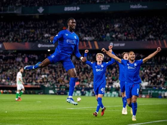 Rangers Forward Abdallah Sima celebrates scoring his sides first goal during the Europa League Group C match at the Estadio Benito Villamarin, Seville. Real Betis v Rangers, UEFA Europa League, Group C, Football, Benito VillamaroÆ?Ã?Ân Stadium, Seville, Spain - 14 Dec 2023 EDITORIAL USE ONLY No use with unauthorised audio, video, data, fixture lists, club league logos or live services. Online in-match use limited to 120 images, no video emulation. No use in betting, games or single club league player publications. Copyright: xKirkxO Rourke RangersxFC Shutterstockx 14257803ax