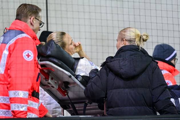 Magdalena Eriksson FC Bayern Munich, FCB, 5 has to be carried off on a stretcher due to injury, injured, injury, injured, sporting injury, 14 12 2023, Munich Germany , Football, UEFA Womens Champions League, Group C, FC Bayern Munich Ajax Amsterdam xslx