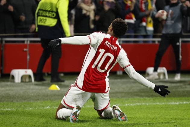 AMSTERDAM - Chuba Akpom of Ajax celebrates the 3-1 during the UEFA Europa League Group B match between Ajax Amsterdam and AEK Athene FC at the Johan Cruyff ArenA on December 14, 2023 in Amsterdam, Netherlands. ANP MAURICE VAN STEEN UEFA Europa League 2023 24 2023 2024 xVIxANPxSportx xxANPxIVx 486308927 originalFilename: 486308927.jpg