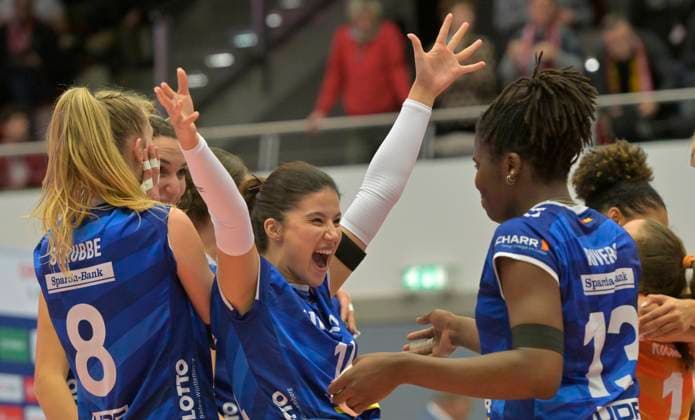 14 12 2023, Stuttgart celebrates after the victory, left Monique Strubbe, center Ivana Vanjak, right, Krystal Rivers, Dresdner SC MTV Allianz Stuttgart 1 3, Volleyball, DVV Cup, semi-final, Dresden Germany