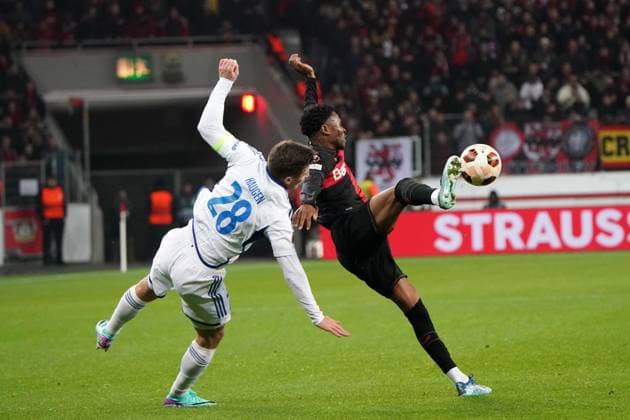 Football, UEFA Europa League 2023 2024, Group stage, Group H, Matchday 6, Bayer 04 Leverkusen Molde FK, 14 12 2023, Bayarena Leverkusen, Kristoffer Haugen, Molde FK, ANoah Mbamba Bayer 04 Leverkusen