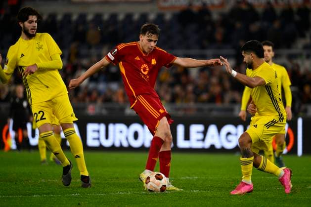 AS Roma v FC Sheriff Tiraspol: Group G - UEFA Europa League 2023 24 Nicolo Pisilli of A.S. Roma is scoring the third goal, making it 3-0, during the UEFA Europa League Matchday 6, Group G, between A.S. Roma and F.C. Sheriff Tiraspol at the Olympic Stadium in Rome, Italy, on December 14, 2023. Rome Italy Italy  Copyright: xDomenicoxCippitellix originalFilename:cippitelli-asromavs231214_npExG.jpg