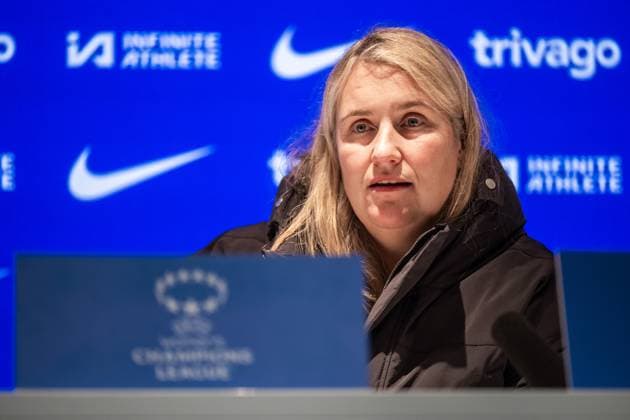 231214 Head coach Emma Hayes of Chelsea at the press conference after the UEFA Women s Champions League football match between Chelsea and Häcken on December 14, 2023 in London Photo Mathias Bergeld BILDBYRAN kod MB MB0807 fotboll soccer fotball champions league chelsea häcken dam bbeng  Copyright: MATHIASxBERGELD BB231214MB076