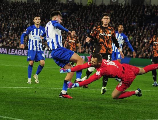 Football - 2023 2024 UEFA Europa League - Group B - Match day Six Six - Brighton & Hove Albion vs Marseille - Amex Stadium - Thursday 14th December 2023. Jack Hinshelwood of Brighton challenges Goalkeeper, Pau Lopez 