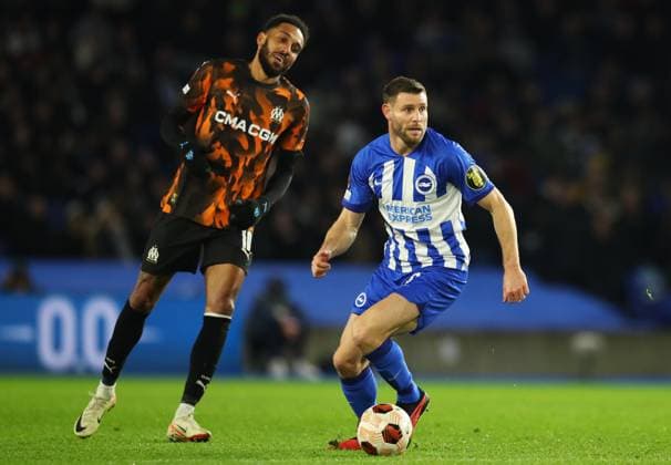 Brighton and Hove Albion v Olympique de Marseille, Brighton, UK - 14 Dec 2023 James Milner of Brighton and Hove Albion is pressured by Amine Harit of Olympique de Marseille during the Europa League match between Brighton and Hove Albion and Olympique de Marseille at The Amex Stadium, Brighton on 14 December 2023 ( Brighton The Amex Stadium Brighton England Copyright: xMicahxCrook PPAUKx PPA-075441