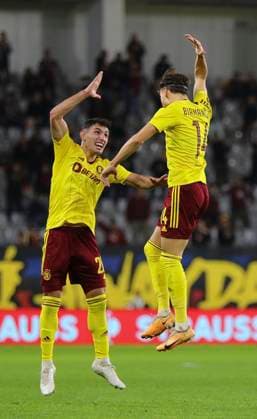 Cyprus Soccer Europa League Sparta s Qazim Laci, left, and Veljko Birmancevic celebrates after scoring his second goal against Aris during the Europa League group C soccer match between Aris Limassol and Sparta Praha at the Alfamega Stadium in Limassol. Cyprus, Thursday, Dec. 14, 2023. Limassol Cyprus  Copyright: xDanilxShamkinx originalFilename:shamkin-notitle231214_npJ3C.jpg
