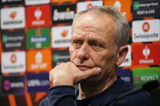 West Ham United SC Freiburg Football UEFA Europa League 2023 2024, Matchday 6, West Ham United SC Freiburg, London Stadium Freiburg coach Christian Streich pensive