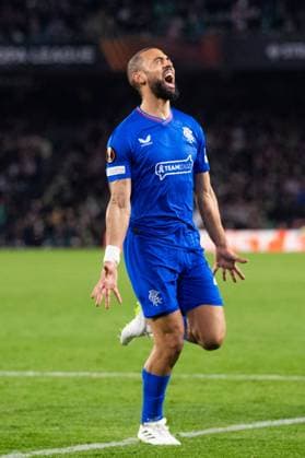 Kemar Roofe of Rangers celebrates his goal during the Europa League Group C match at the Estadio Benito Villamarin, Seville. Real Betis v Rangers, UEFA Europa League, Group C, Football, Benito VillamaroÆ?Ã?Ân Stadium, Seville, Spain - 14 Dec 2023 EDITORIAL USE ONLY No use with unauthorised audio, video, data, fixture lists, club league logos or live services. Online in-match use limited to 120 images, no video emulation. No use in betting, games or single club league player publications. Copyright: xKirkxO Rourke RangersxFC Shutterstockx 14257803js