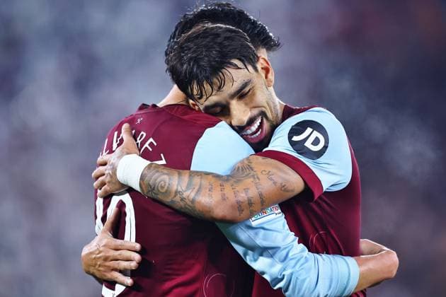 Edson Alvarez of West Ham United celebrates scoring their sides second goal with team-mate Lucas Paqueta West Ham United v Freiburg, UEFA Europa League, Group A, Football, London Arena, London, UK - 14 Dec 2023 EDITORIAL USE ONLY No use with unauthorised audio, video, data, fixture lists, club league logos or live services. Online in-match use limited to 120 images, no video emulation. No use in betting, games or single club league player publications. Copyright: xMichaelxZemanek Shutterstockx 14254605dm